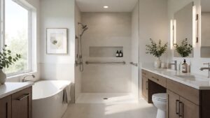 curbless roll in shower with a fold down seat and grab bars in a residential bathroom