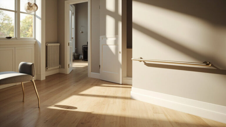 Entry hallway of a home adapted for aging in place, with a dark wood front door, herringbone wood flooring, a wall-mounted grab bar beside the doorway for support, and a patterned runner rug on the floor