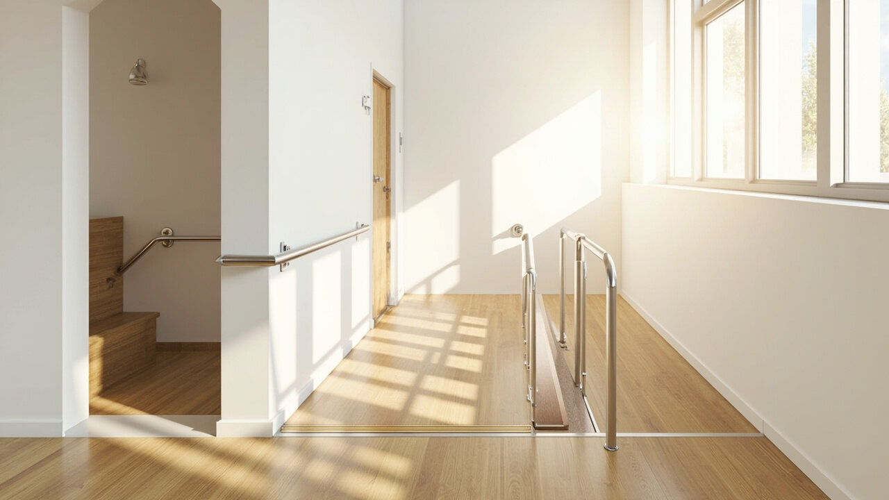Accessible residential bathroom showing aging in place modification options, with a wood-look vanity and vessel sink, a tiled roll-in shower behind a glass panel, a wall-mounted grab bar, and a towel rail beside a window