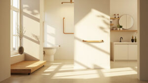 caregiver assisting an older adult with a walker in a modified bathroom