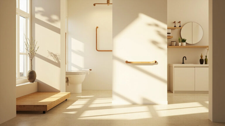 caregiver assisting an older adult with a walker in a modified bathroom