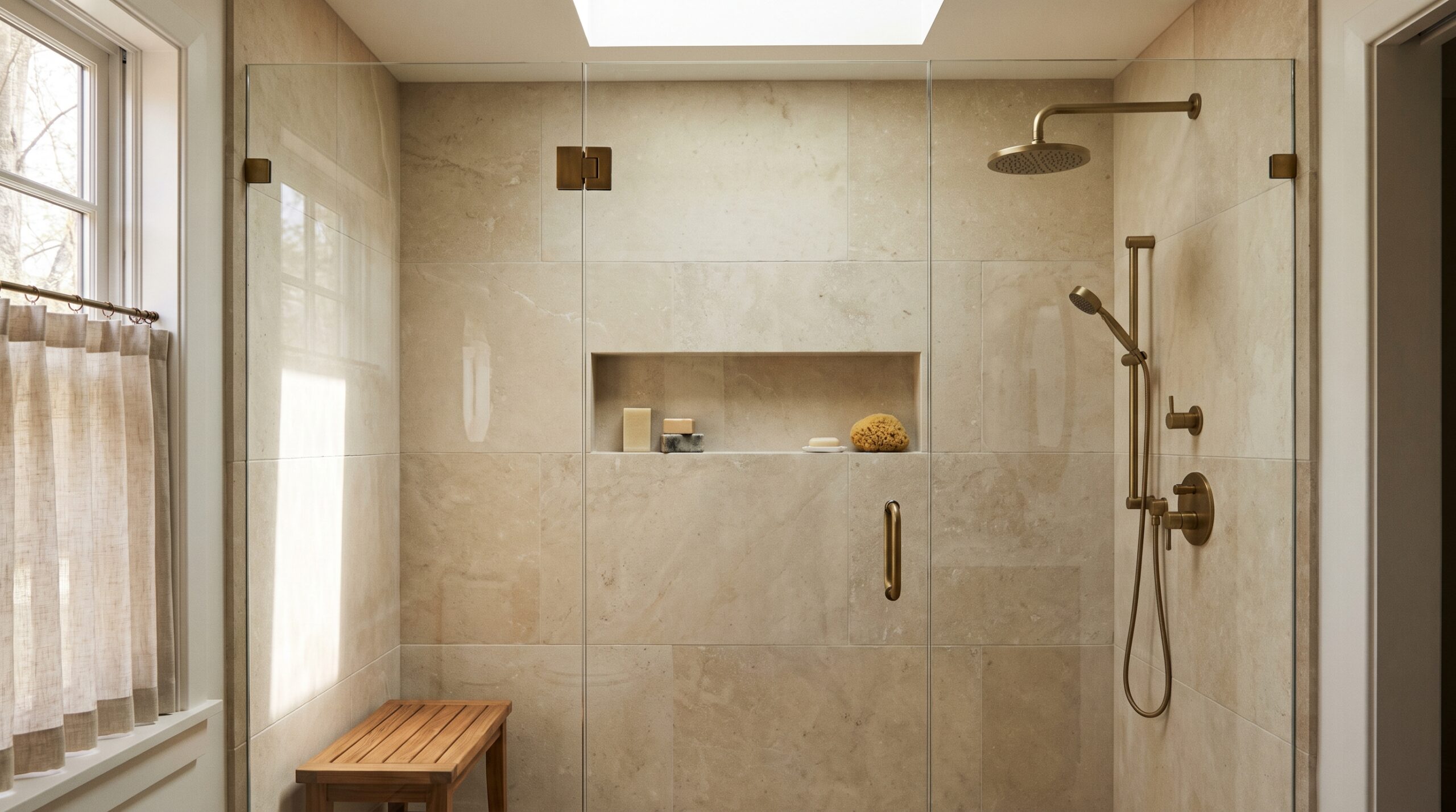 Modern walk-in shower with frameless glass enclosure in a renovated bathroom