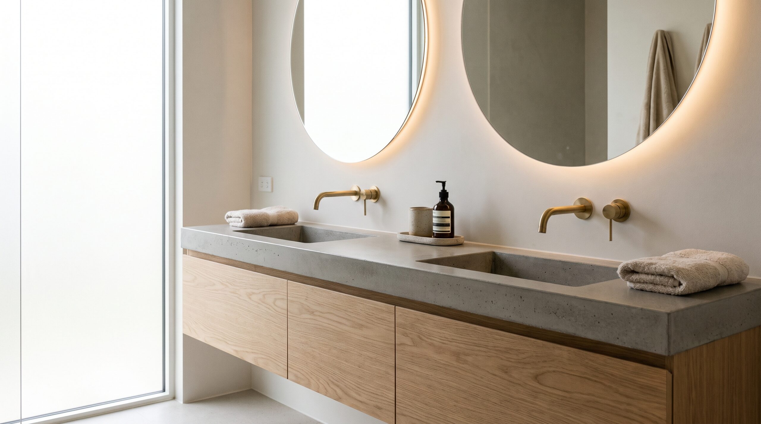 Modern bathroom vanity with double sink in a renovated bathroom with soft natural light