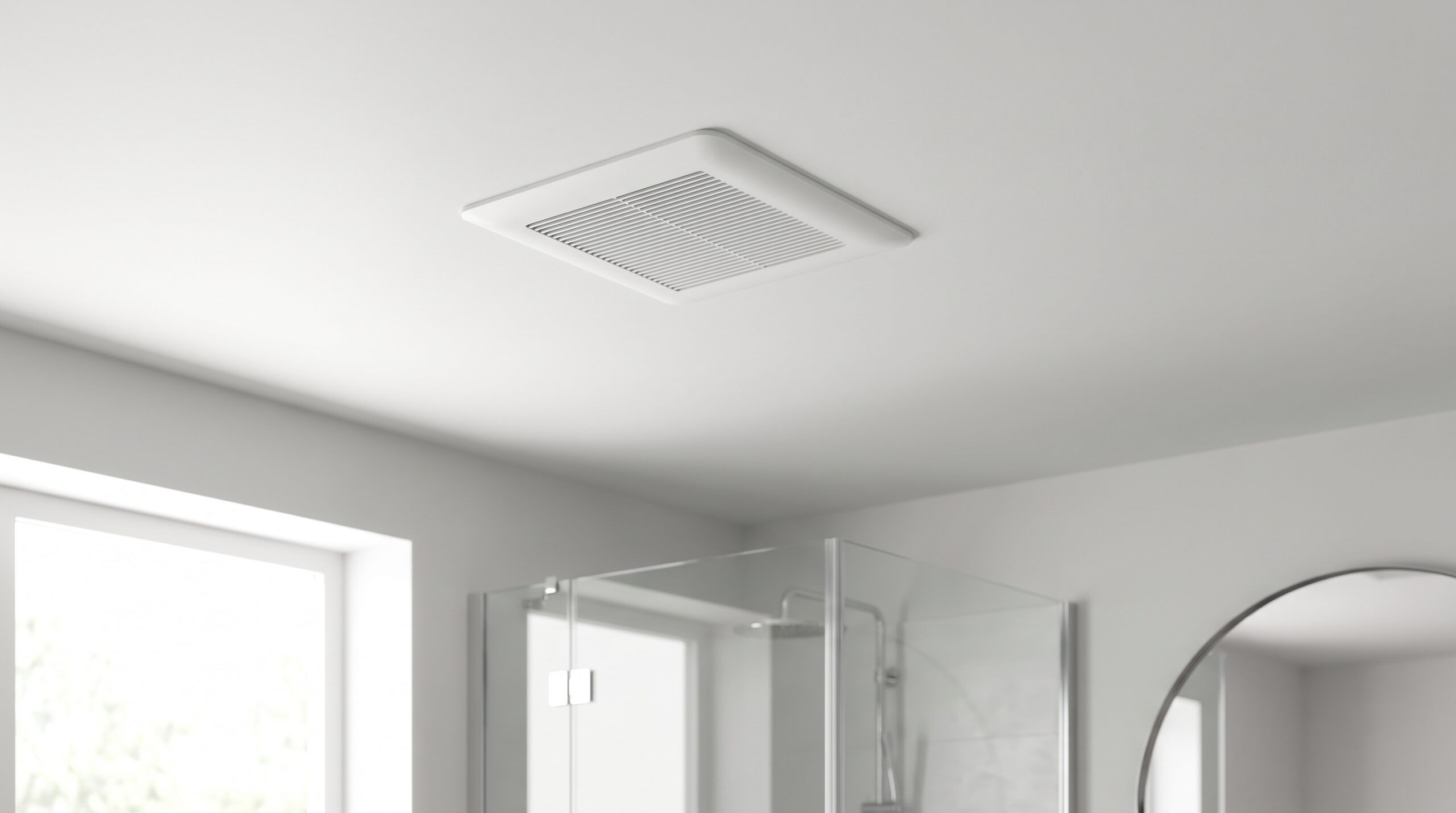 Bathroom exhaust fan installed in a white ceiling for moisture control