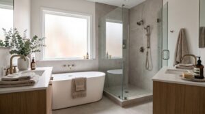 Renovated master bathroom with freestanding tub and walk-in shower