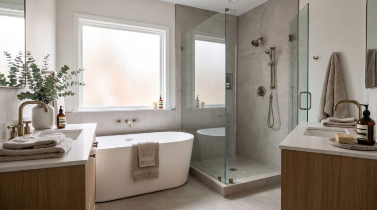 Renovated master bathroom with freestanding tub and walk-in shower