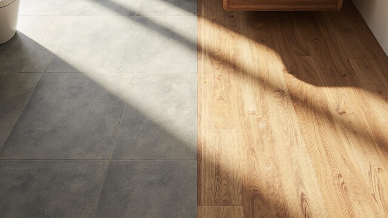 Porcelain tile and SPC vinyl compared in wet bathroom zone