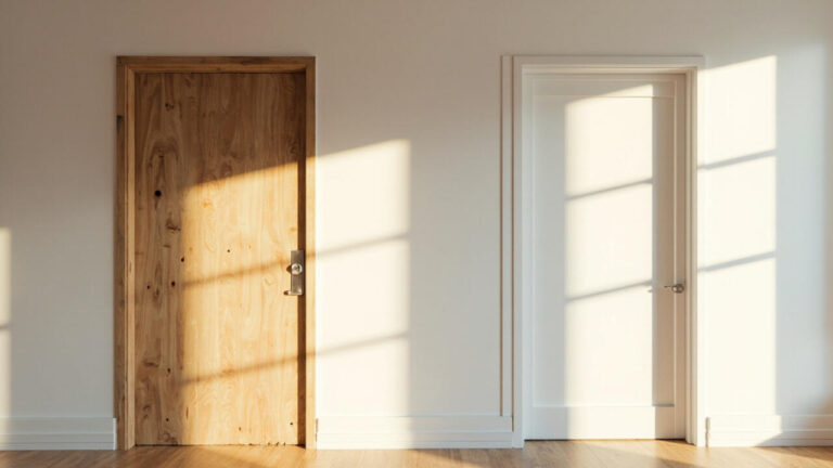 Homeowner deciding between tools on a workbench and a carpenter measuring a door frame in a hallway doorway