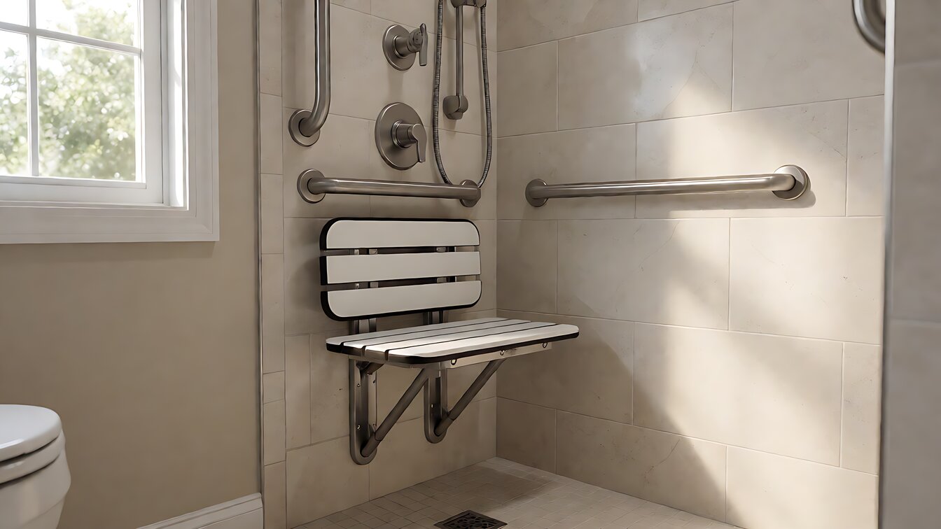 curbless roll in shower with a fold down seat and grab bars in a residential bathroom