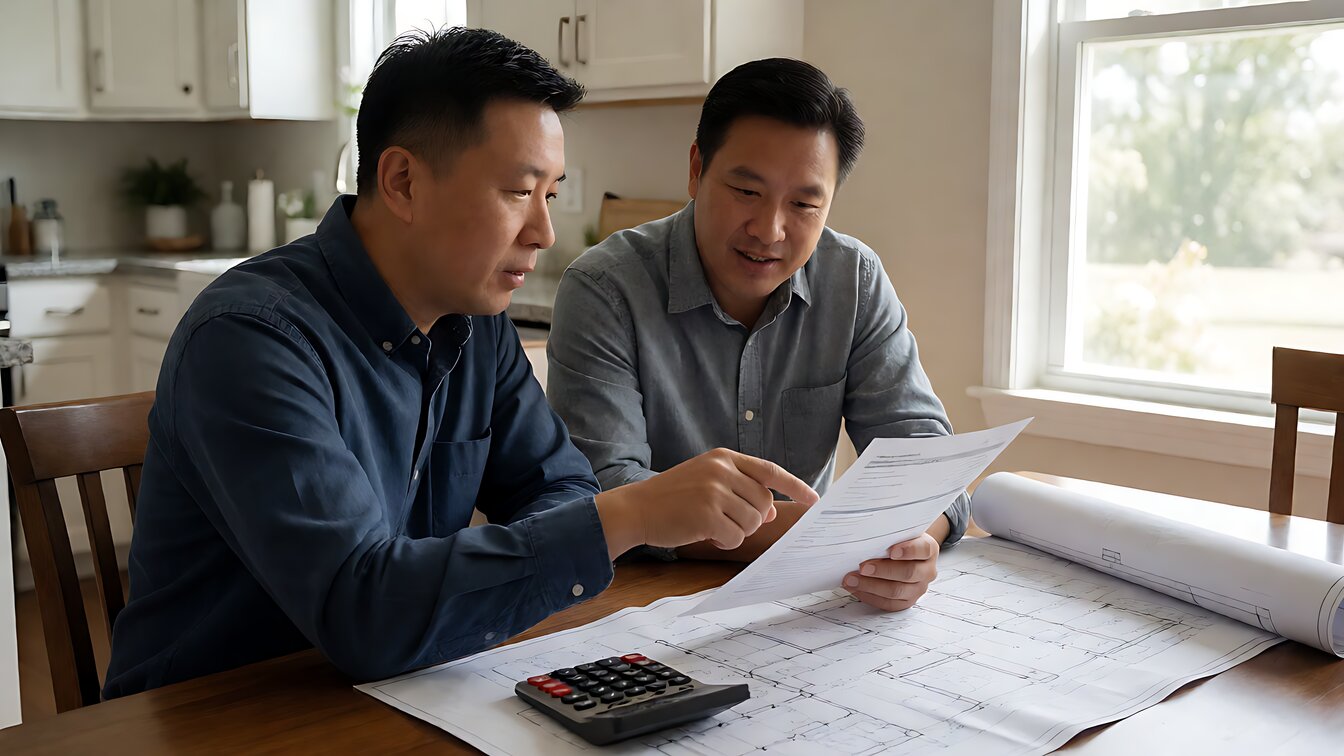 contractor reviewing a bathroom remodel quote with a homeowner at a kitchen table