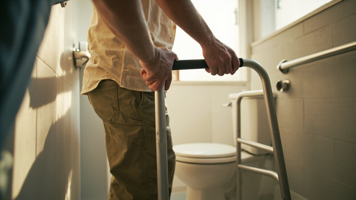 caregiver assisting an older adult with a walker in a modified bathroom