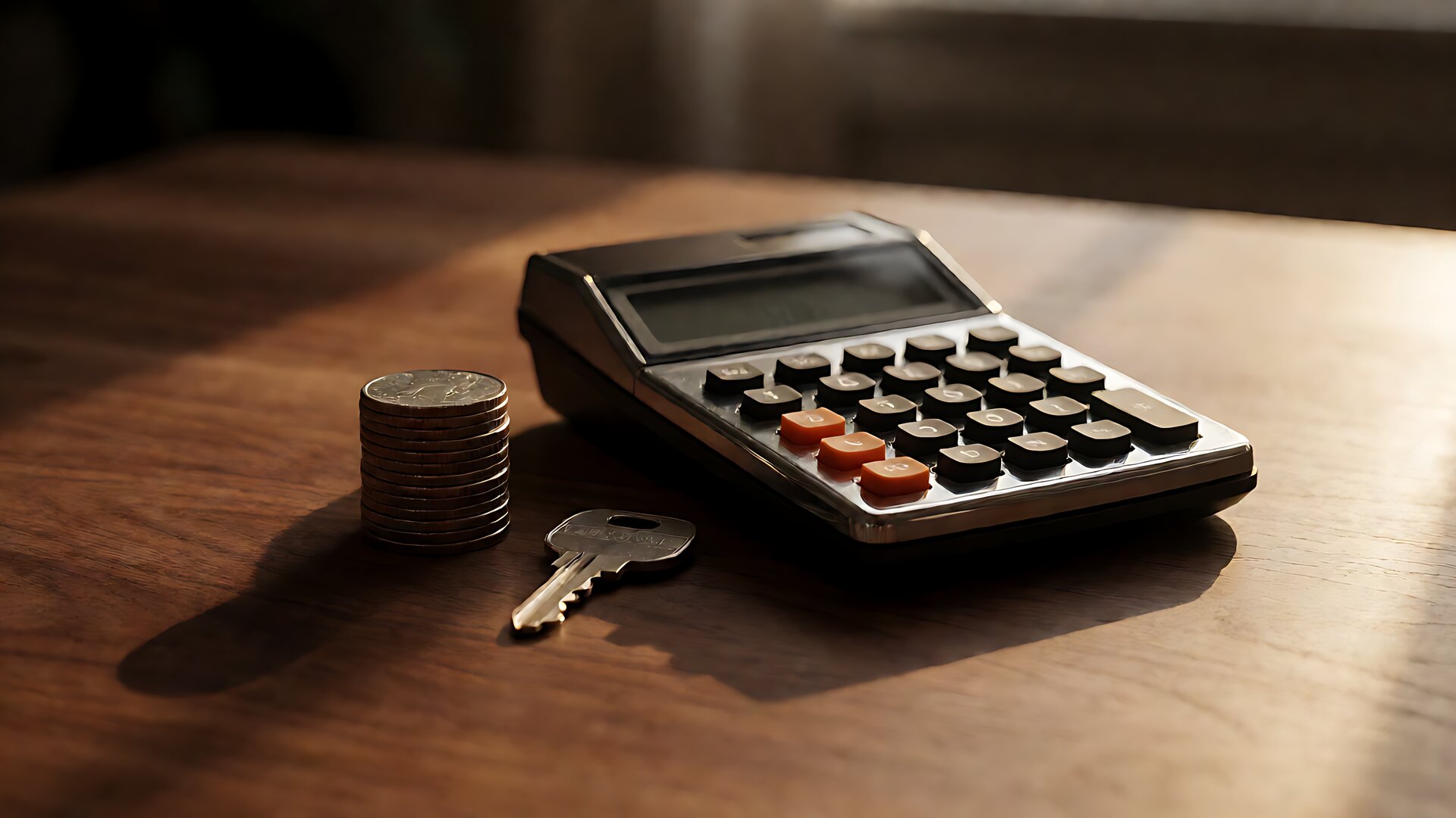 A pocket calculator, stacked coins, and a house key on a walnut table