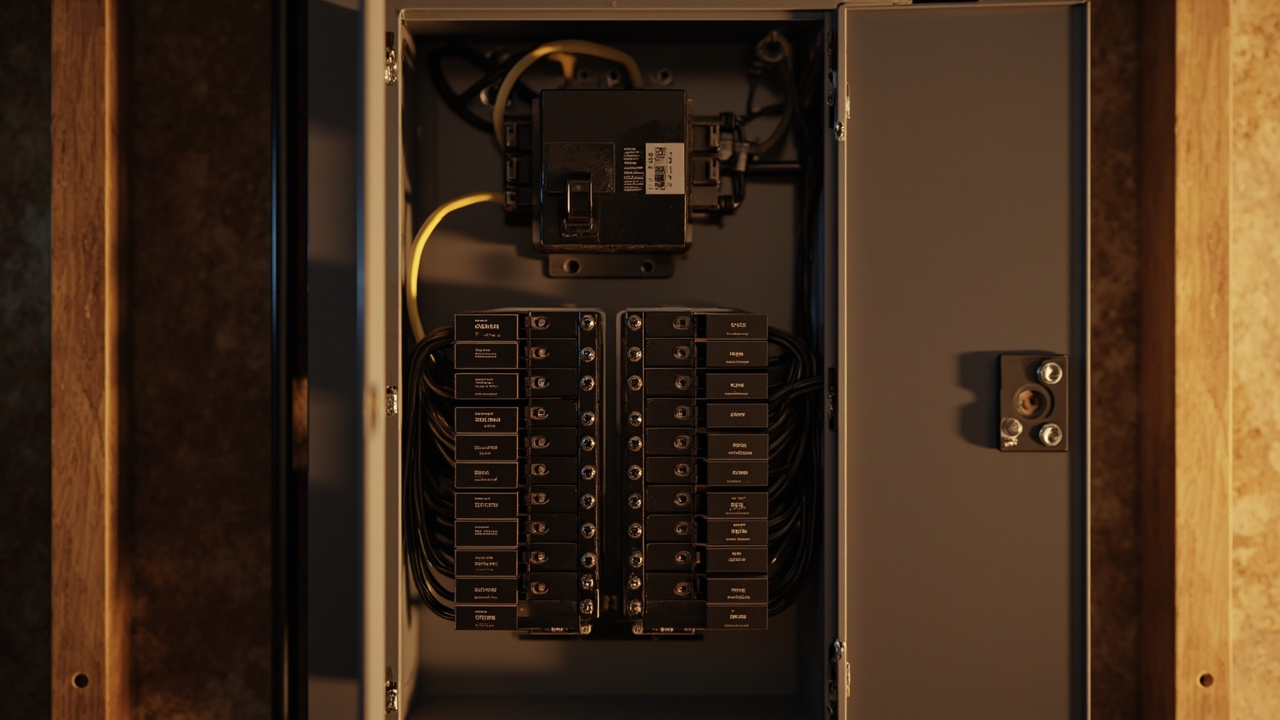 Service entrance cable and main breaker panel in residential basement