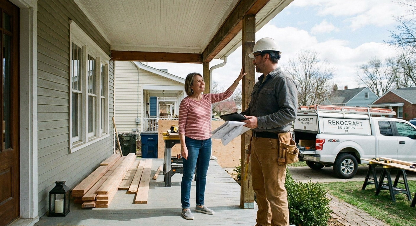 A contractor meeting with a homeowner reviewing plans, the kind of in-person conversation that gives the homeowner a feel for the contractor's communication style