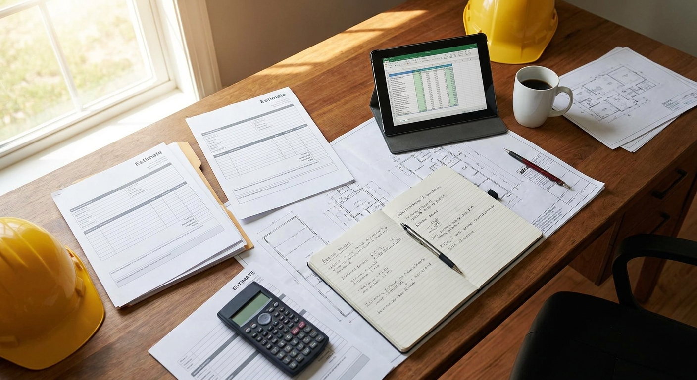 A close-up of a written contractor estimate and contract on a desk, the kind of detailed paperwork that turns a verbal conversation into a binding agreement