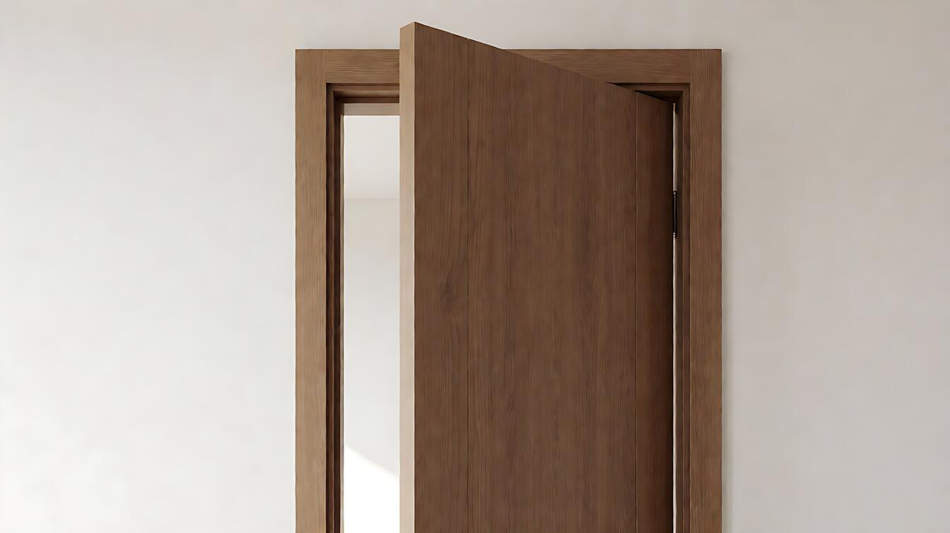 Homeowner tightening a hinge screw on an interior door while marking the rub point on the door edge with a pencil