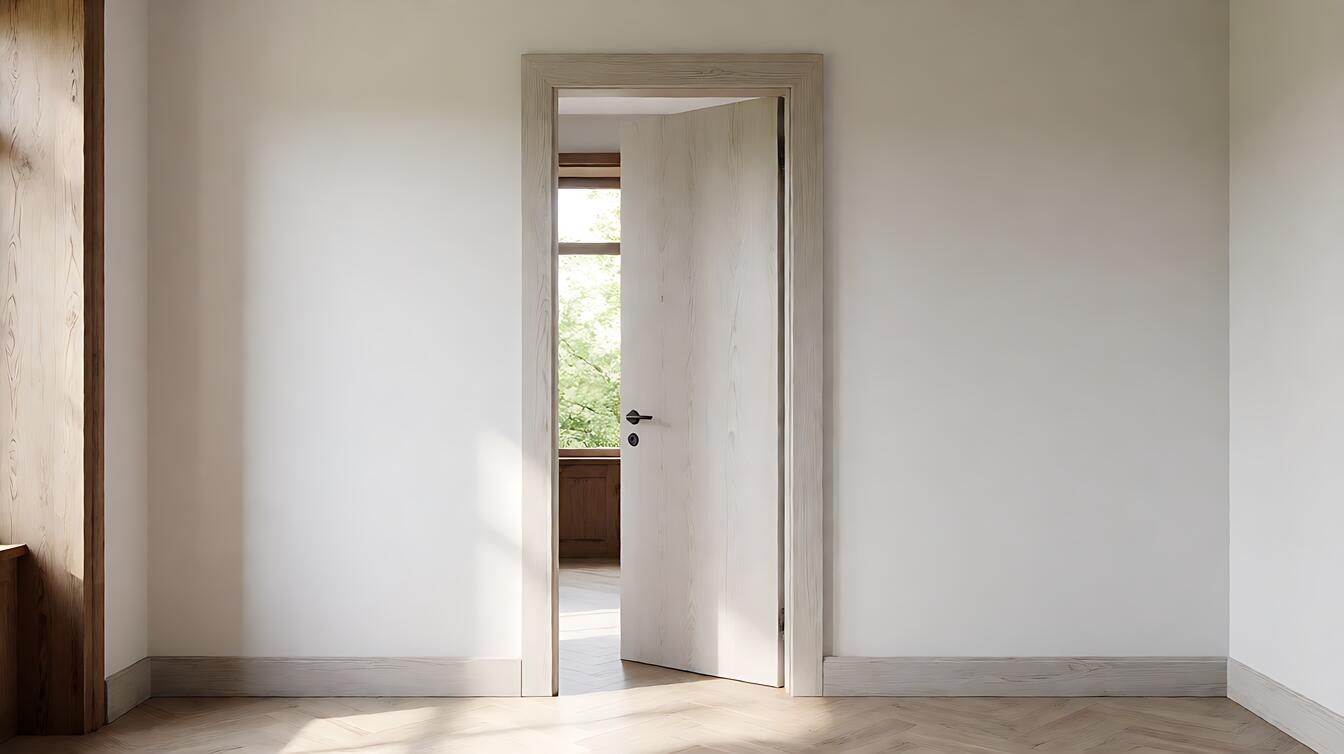 Person tightening the top hinge screw on a white interior door with a screwdriver while the slab sags on the latch side