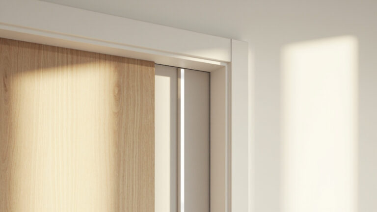 A closed white interior door with a bright vertical strip of daylight along the latch side and a wider gap at the top of the frame