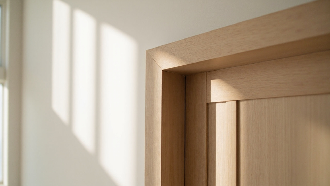 Carpenter fitting white door casing trim around a doorway, mitring the corner joint against a piece of casing on the floor