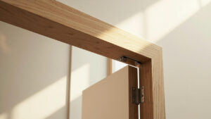 Carpenter aligning a white interior door frame in a rough opening with a level and wooden shims between the jambs and the wall studs