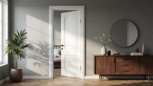A carpenter fitting a white prehung interior door unit with its attached frame into a new rough opening in a residential hallway wall, wooden shims visible between the jamb and the framing studs