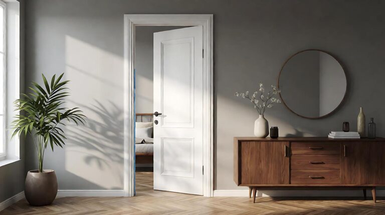 A carpenter fitting a white prehung interior door unit with its attached frame into a new rough opening in a residential hallway wall, wooden shims visible between the jamb and the framing studs