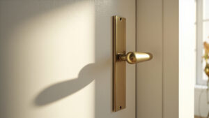 Close-up of a brass lever door handle and rose plate on a white interior door, with two screw holes visible above and below the lever