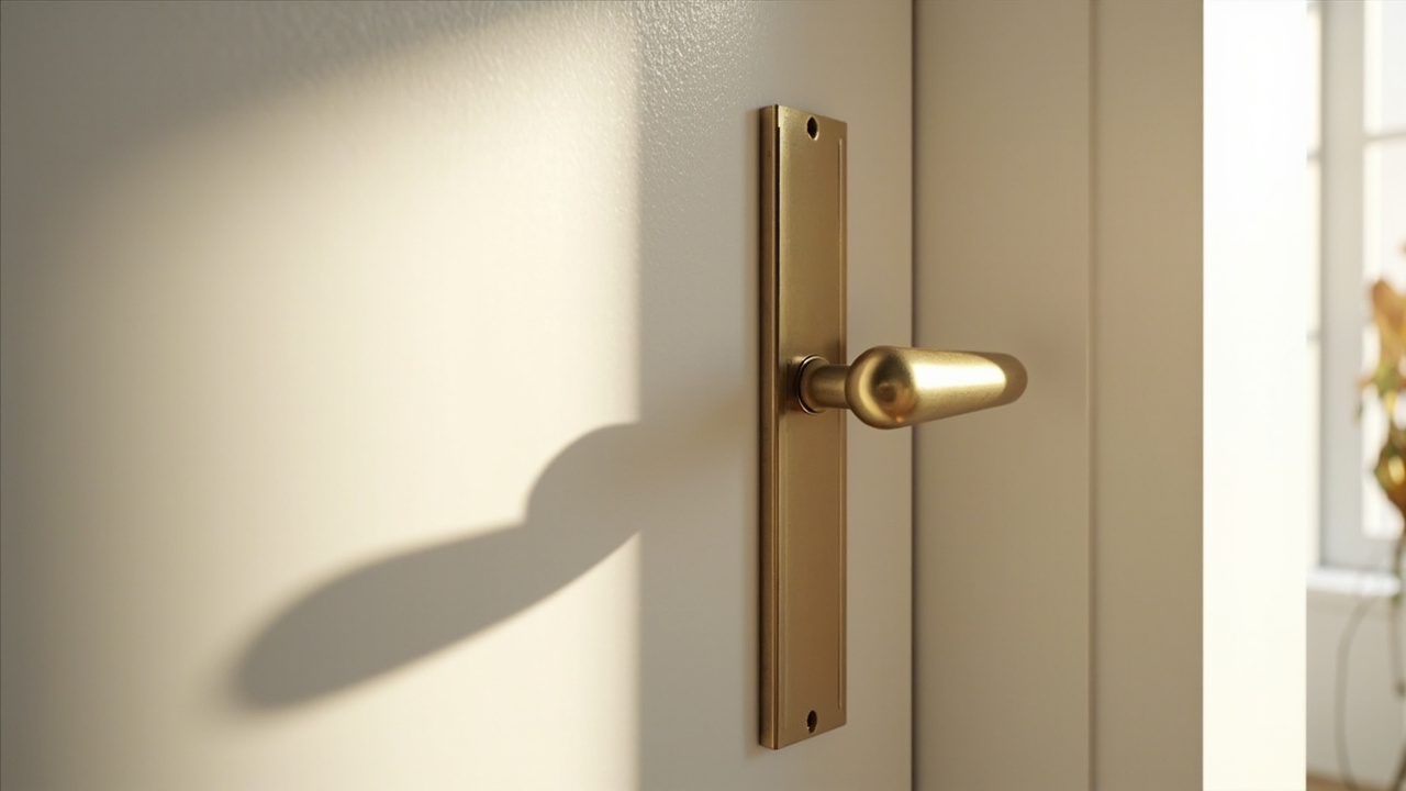 Close-up of a brass lever door handle and rose plate on a white interior door, with two screw holes visible above and below the lever