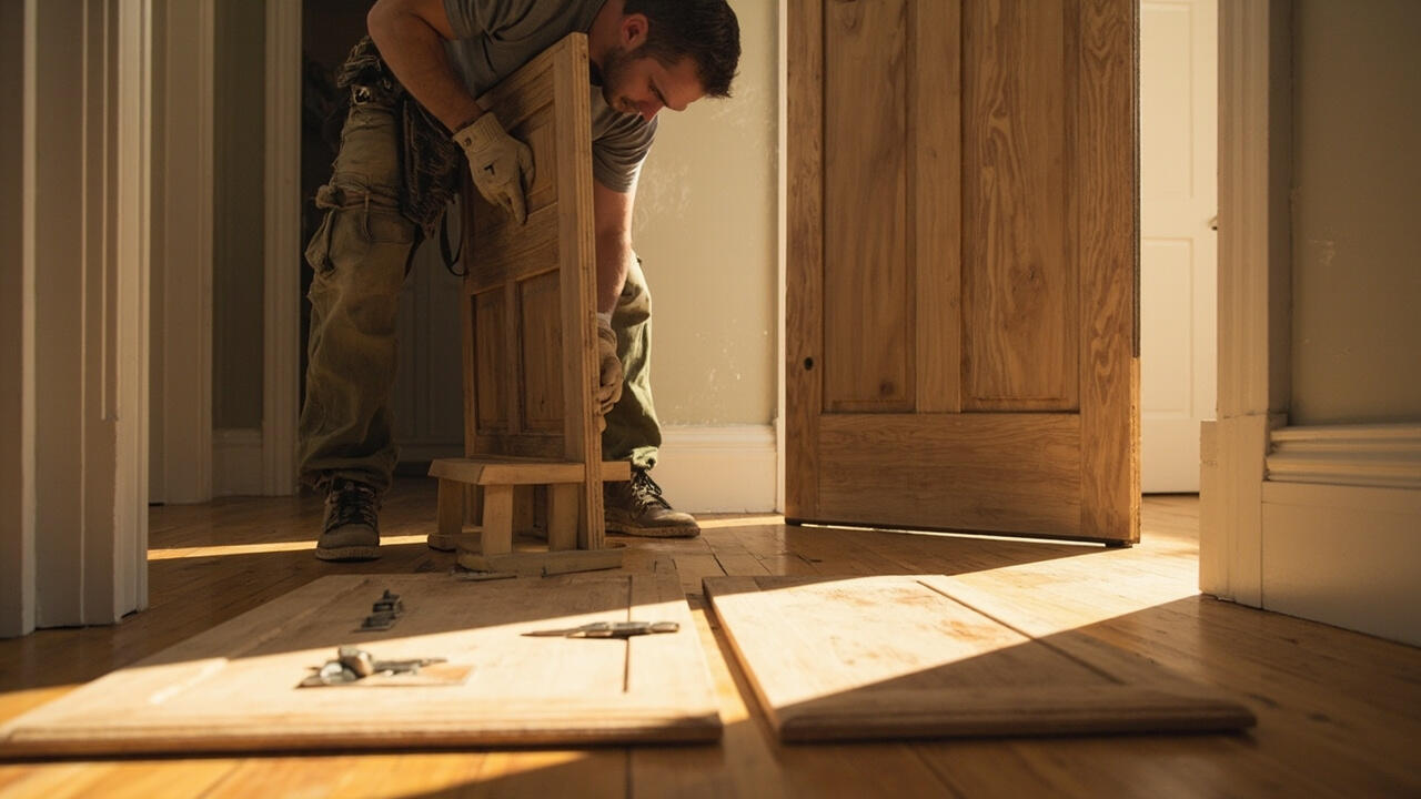 A carpenter swinging a solid-core interior door slab into an existing door frame, the old door panel laid on the floor beside it as a template, hinge leaves laid out nearby