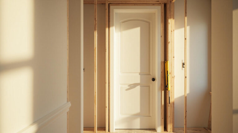 A carpenter fitting a white prehung interior door unit with its attached frame into a new rough opening in a residential hallway wall, wooden shims visible between the jamb and the framing studs