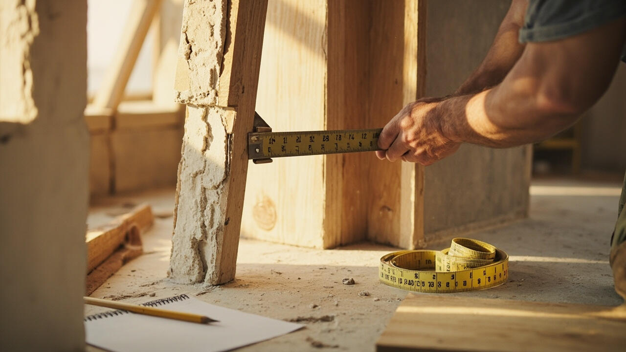 A carpenter measuring a rough door opening with a tape measure stretched across the framing studs, a door slab resting against the wall nearby