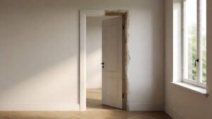 A carpenter comparing a new door slab against the old door to transfer hinge positions before hanging it in an existing frame