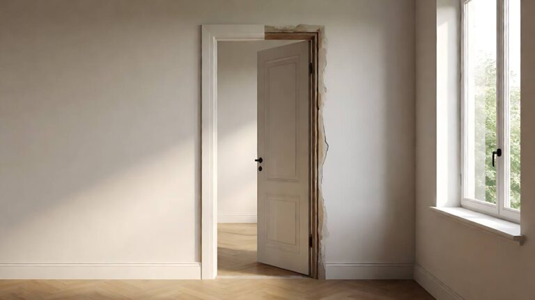 A carpenter comparing a new door slab against the old door to transfer hinge positions before hanging it in an existing frame