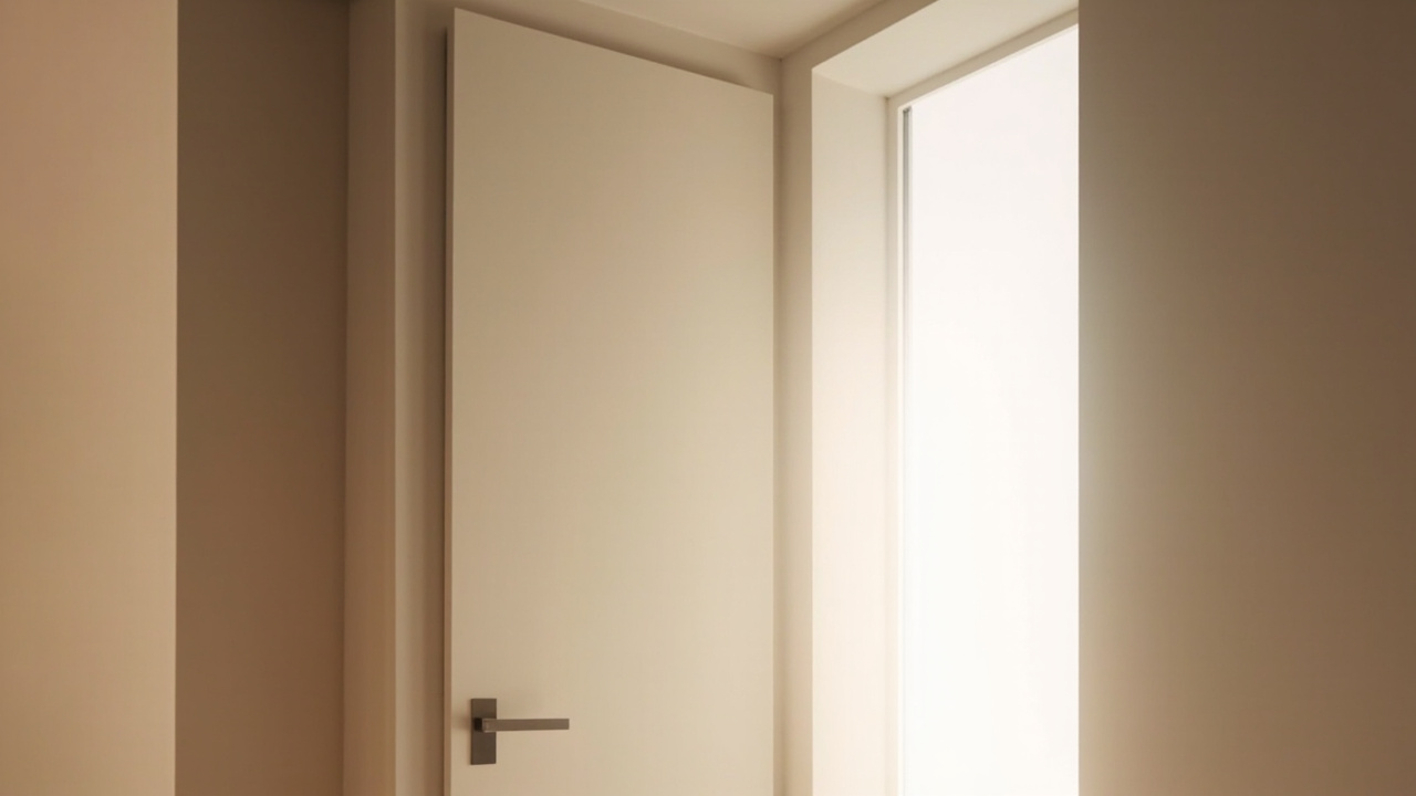 A finish carpenter holds a printed door installation estimate beside a half-hung interior door, comparing line items on the paperwork against the work in the opening.