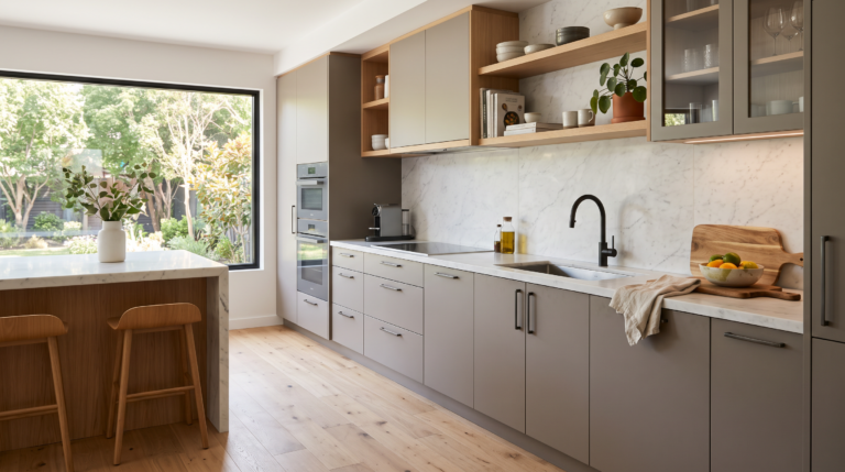 Modern kitchen cabinets showing clean shaker style with brushed hardware