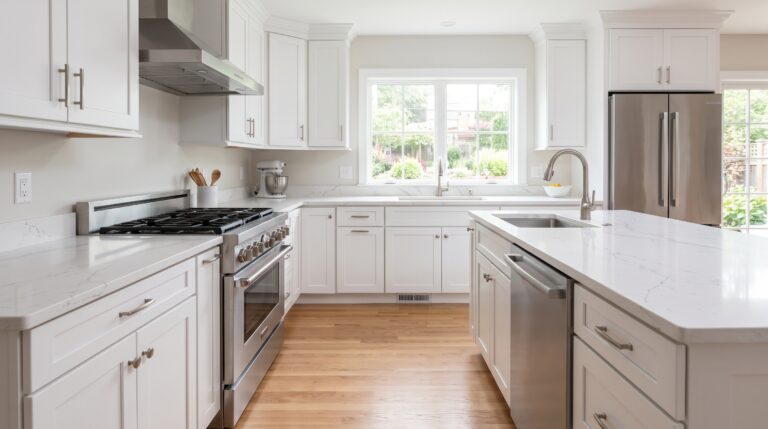 Modern renovated kitchen with white shaker cabinets, quartz countertops, and light oak flooring