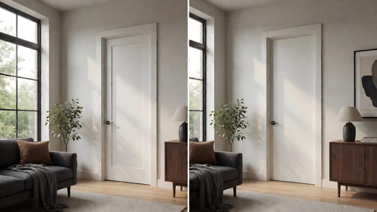 Homeowner holding a white interior slab door next to a prehung door unit with its attached frame, comparing the two