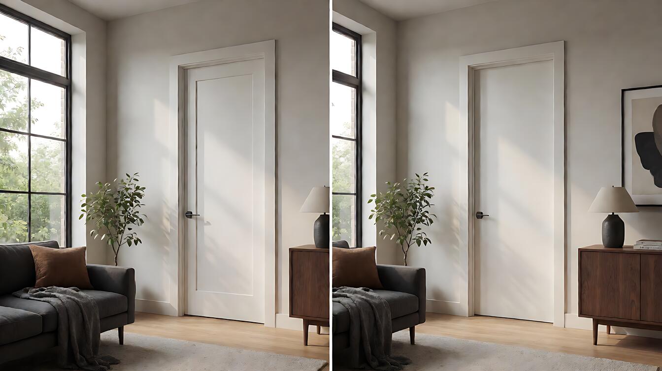 Homeowner holding a white interior slab door next to a prehung door unit with its attached frame, comparing the two