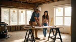 Contractor reviewing renovation plans with a homeowner during planning