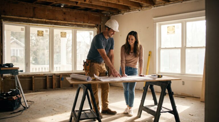 Contractor reviewing renovation plans with a homeowner during planning