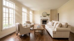 Beautifully renovated traditional living room with refinished hardwood floors