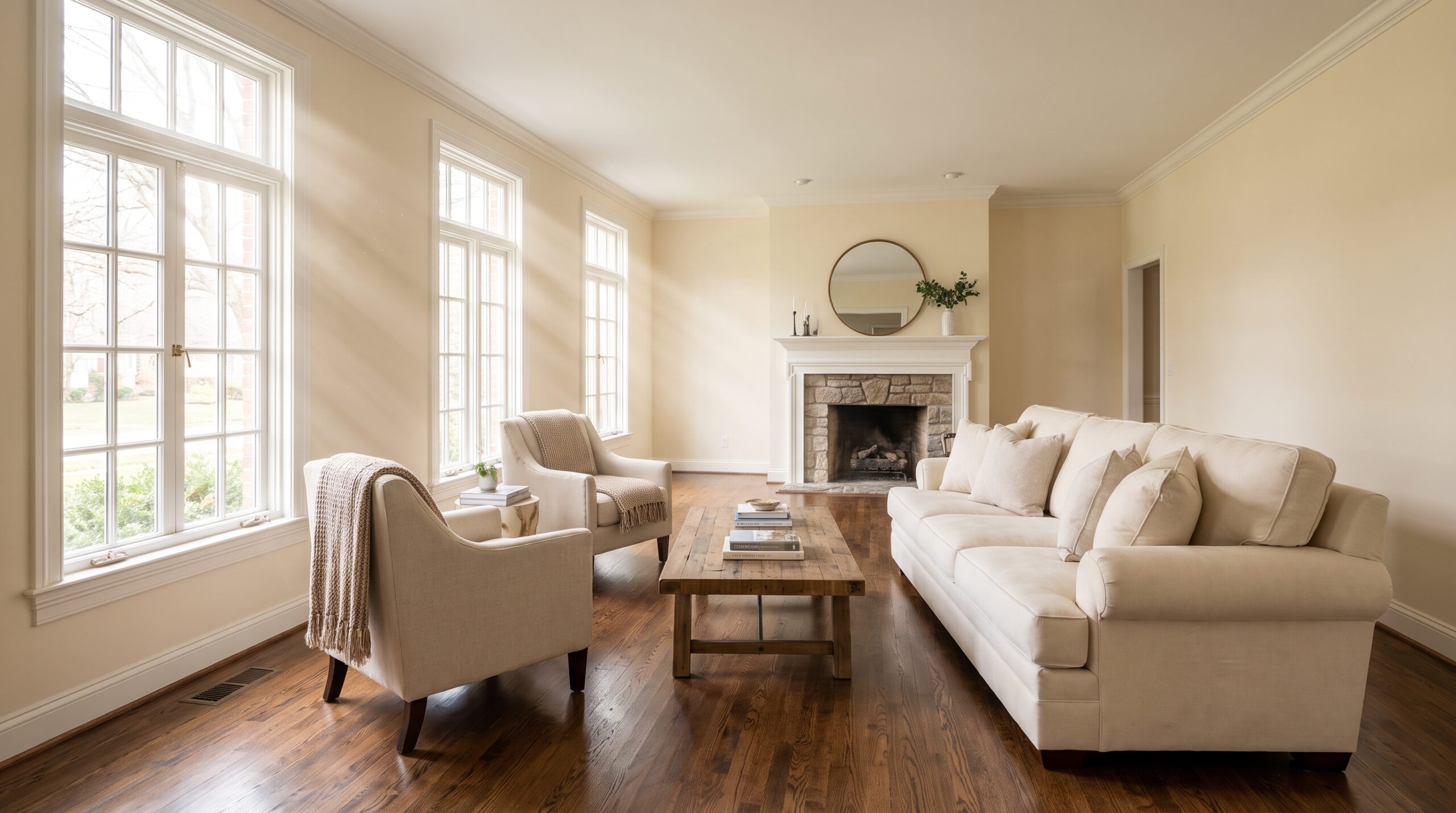 Beautifully renovated traditional living room with refinished hardwood floors