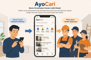 Banner resmi AyoCari yang menampilkan konsep mempertemukan vendor bangunan dengan pelanggan