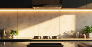 Backsplash dapur tahan minyak di belakang kompor dengan permukaan keramik dan kaca glossy