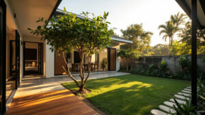 Taman rumah minimalis dengan batu andesit, rumput gajah mini, dan decking kayu