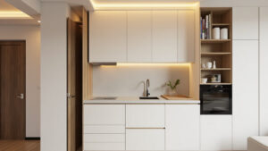 Dapur minimalis 2x2 meter dengan layout linear dan penyimpanan vertikal