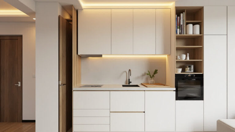Dapur minimalis 2x2 meter dengan layout linear dan penyimpanan vertikal