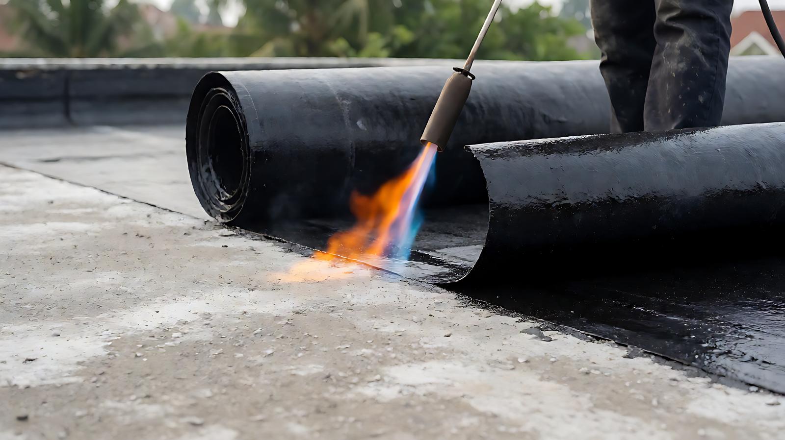 Pekerja mengaplikasi membran bitumen hitam di atas dak beton rumah Indonesia