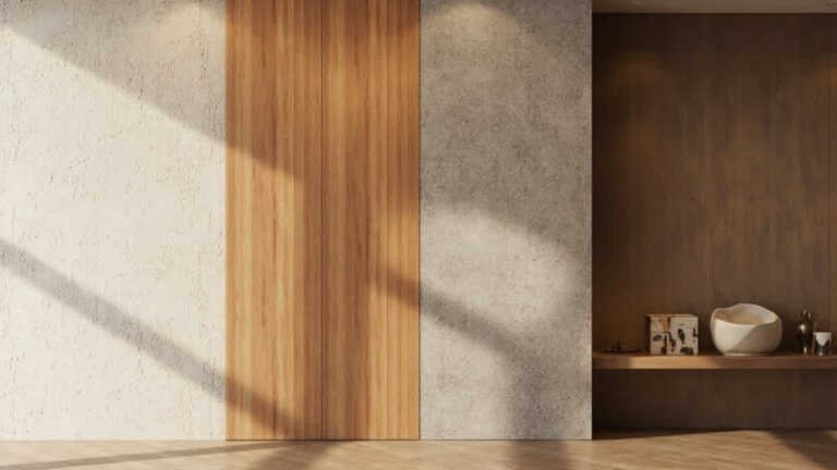 Empat jenis finishing dinding interior: cat tembok, wall panel GRC, wallpaper, vinyl — dibanding dalam satu ruangan