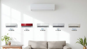 Lima unit AC inverter 1 PK entry-level - Polytron, Sharp, LG, Daikin, Panasonic - dengan label harga Rupiah